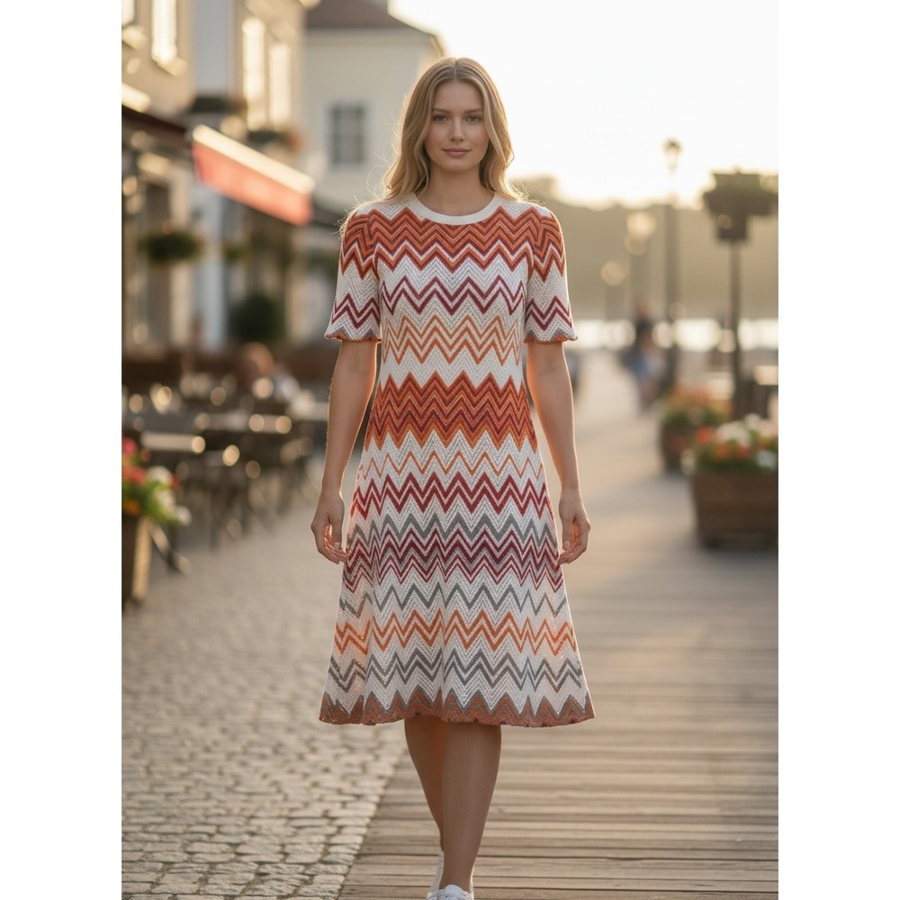 Sharagano Women Size 8 Orange Chevron Zigzag Knit Crochet Fit Flare Dress J0229